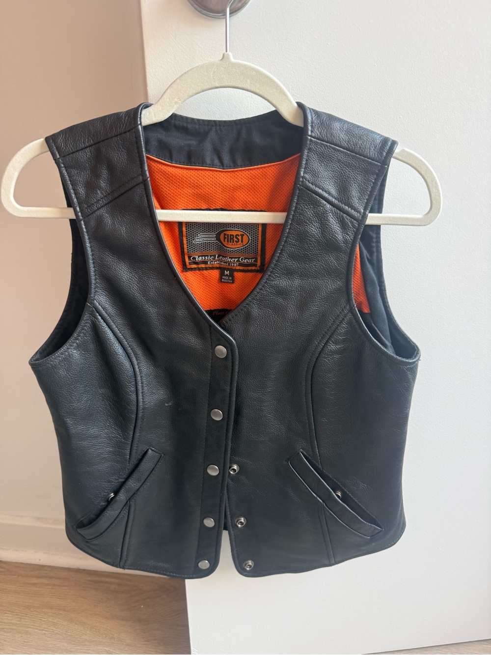 Black Leather Snap-Front Vest with Orange Lining